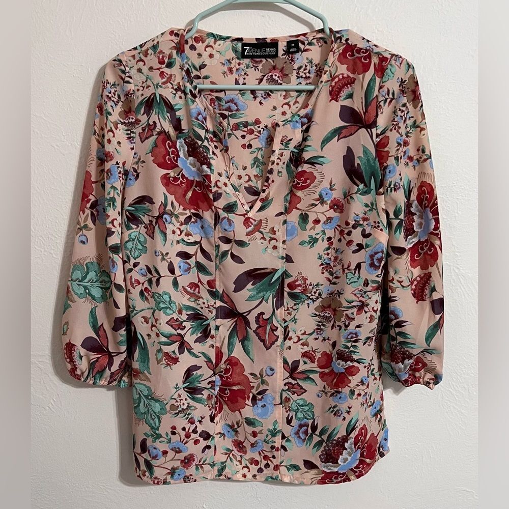 New York & Co 7th Avenue Design Studio pink floral boho peasant blouse, size XS